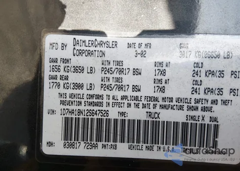 2002 Dodge Ram 1500 St z USA, uszkodzony, nr VIN 1D7HA18N12S647526